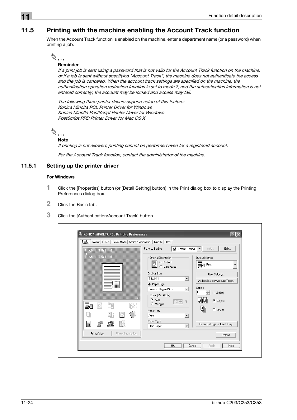 1 setting up the printer driver, For windows, Setting up the printer driver -24 for windows -24 | Konica Minolta BIZHUB C203 User Manual | Page 164 / 278