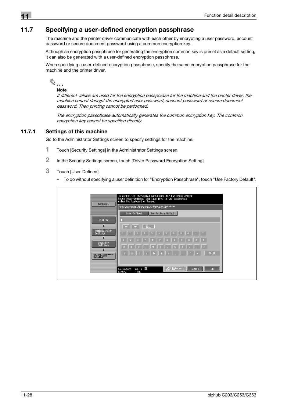 7 specifying a user-defined encryption passphrase, 1 settings of this machine, Settings of this machine -28 | Konica Minolta BIZHUB C203 User Manual | Page 168 / 278