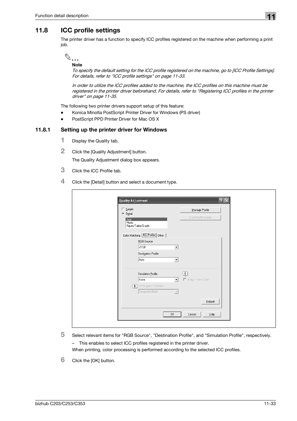 8 icc profile settings, 1 setting up the printer driver for windows, Icc profile settings -33 | Setting up the printer driver for windows -33 | Konica Minolta BIZHUB C203 User Manual | Page 173 / 278