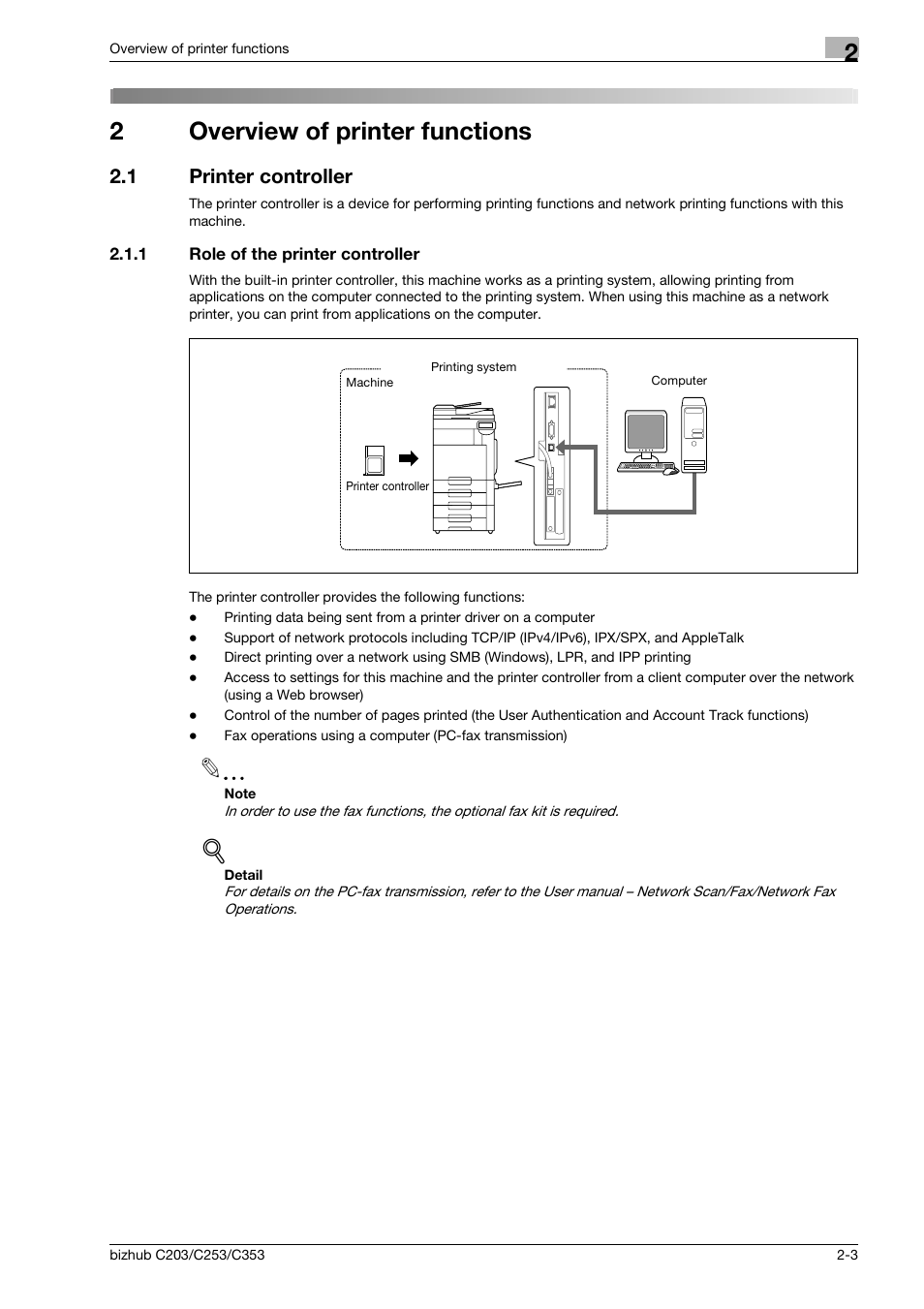 2 overview of printer functions, 1 printer controller, 1 role of the printer controller | Overview of printer functions, Printer controller -3, Role of the printer controller -3, 2overview of printer functions | Konica Minolta BIZHUB C203 User Manual | Page 19 / 278