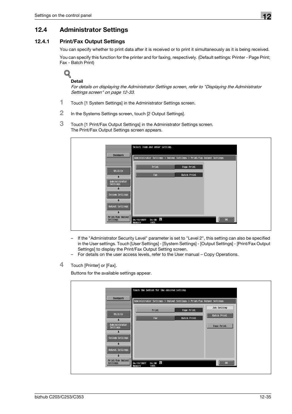 4 administrator settings, 1 print/fax output settings, Administrator settings -35 | Print/fax output settings -35 | Konica Minolta BIZHUB C203 User Manual | Page 217 / 278