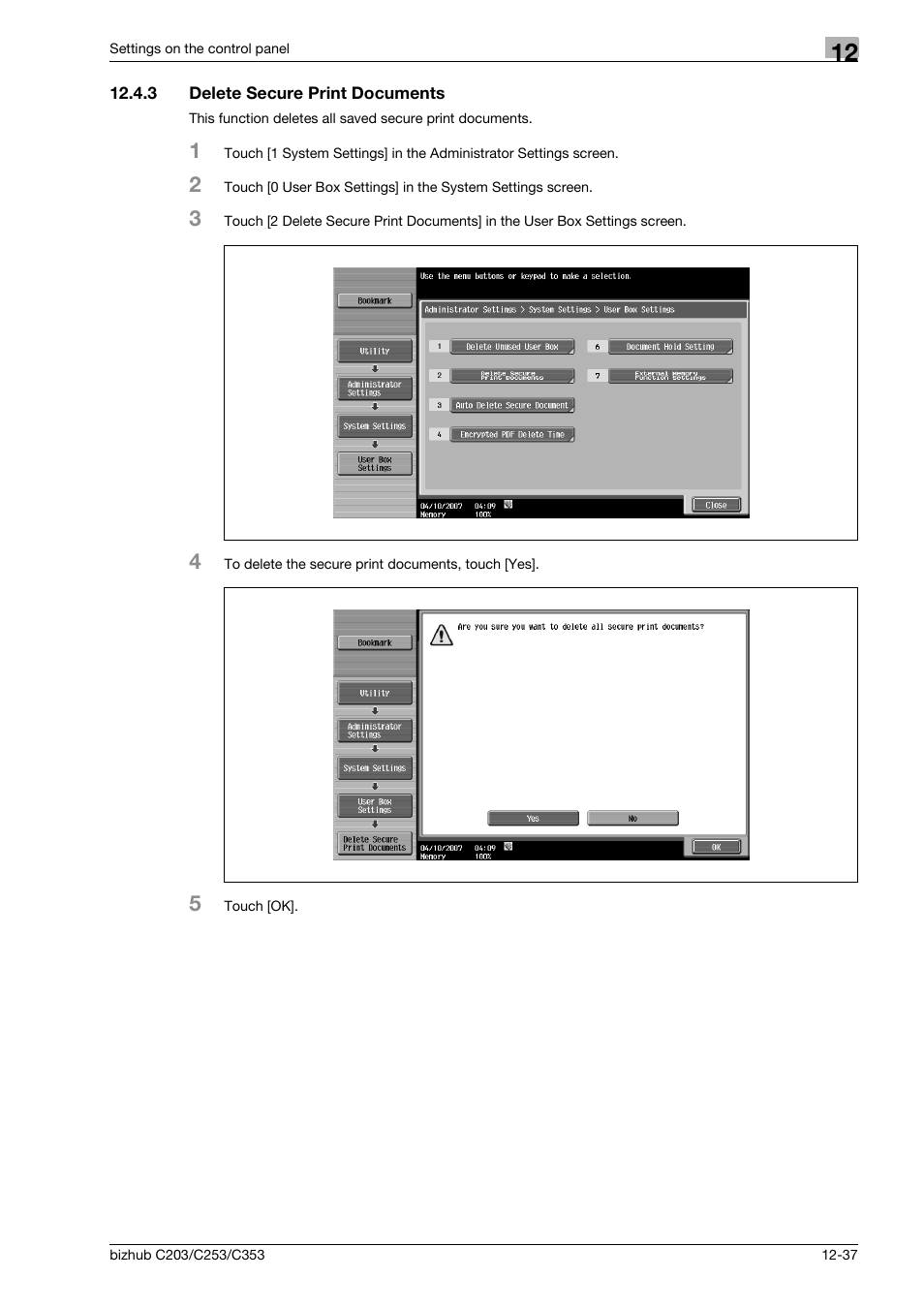 3 delete secure print documents, Delete secure print documents -37 | Konica Minolta BIZHUB C203 User Manual | Page 219 / 278