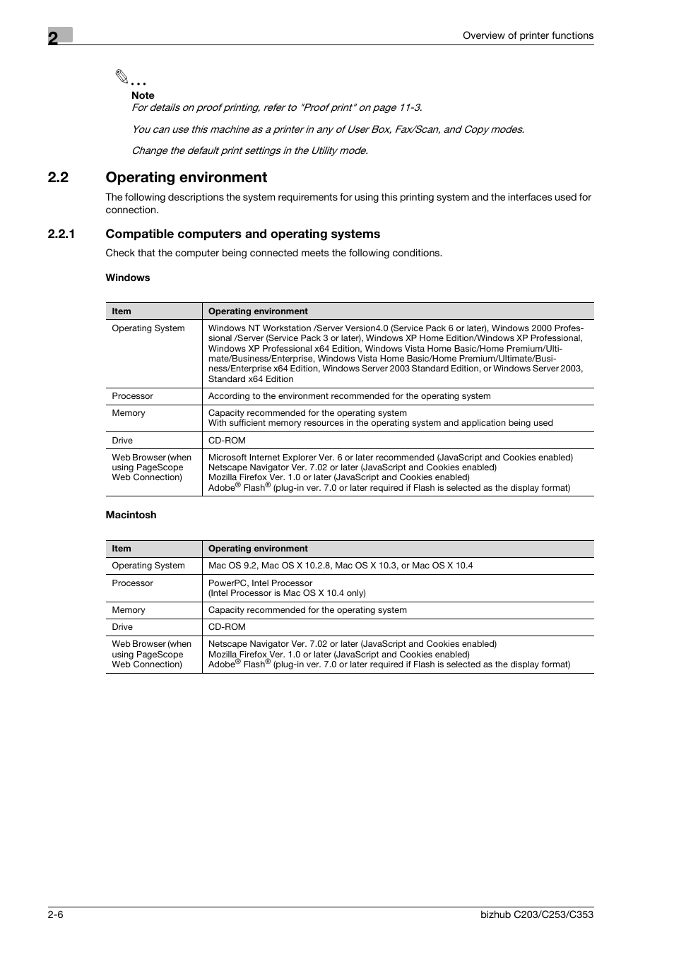 2 operating environment, 1 compatible computers and operating systems, Windows | Macintosh, Operating environment -6 | Konica Minolta BIZHUB C203 User Manual | Page 22 / 278