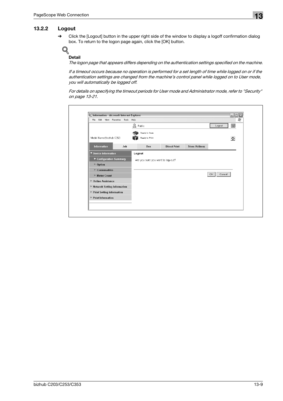 2 logout, Logout -9 | Konica Minolta BIZHUB C203 User Manual | Page 235 / 278