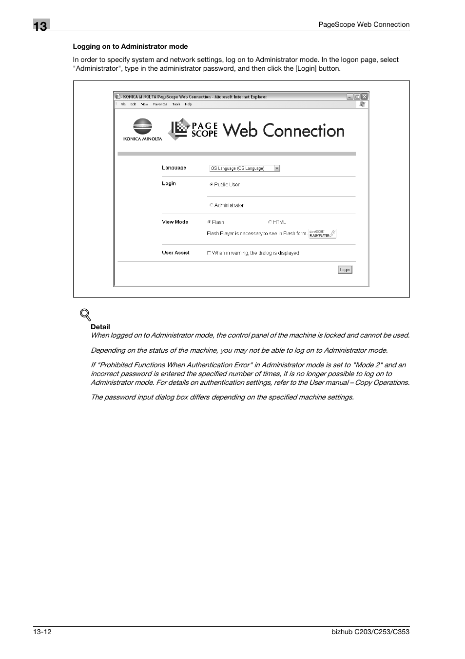 Logging on to administrator mode, Logging on to administrator mode -12 | Konica Minolta BIZHUB C203 User Manual | Page 238 / 278