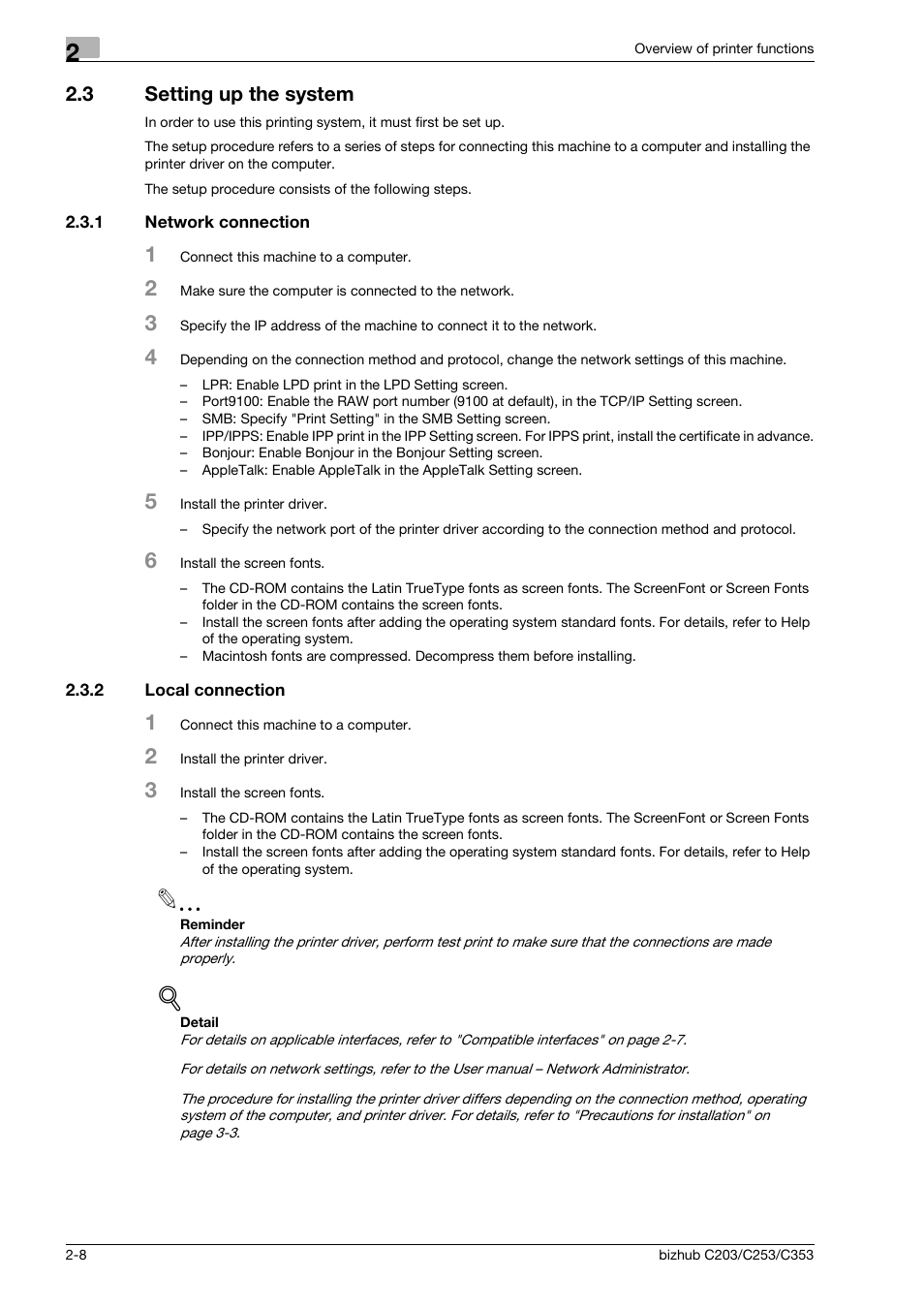 3 setting up the system, 1 network connection, 2 local connection | Setting up the system -8, Network connection -8, Local connection -8 | Konica Minolta BIZHUB C203 User Manual | Page 24 / 278