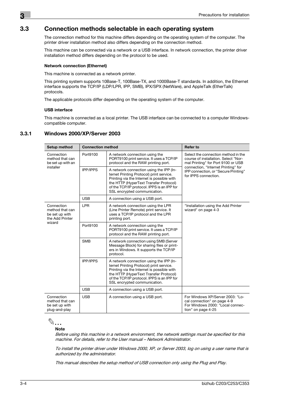 Network connection (ethernet), Usb interface, 1 windows 2000/xp/server 2003 | Windows 2000/xp/server 2003 -4 | Konica Minolta BIZHUB C203 User Manual | Page 30 / 278