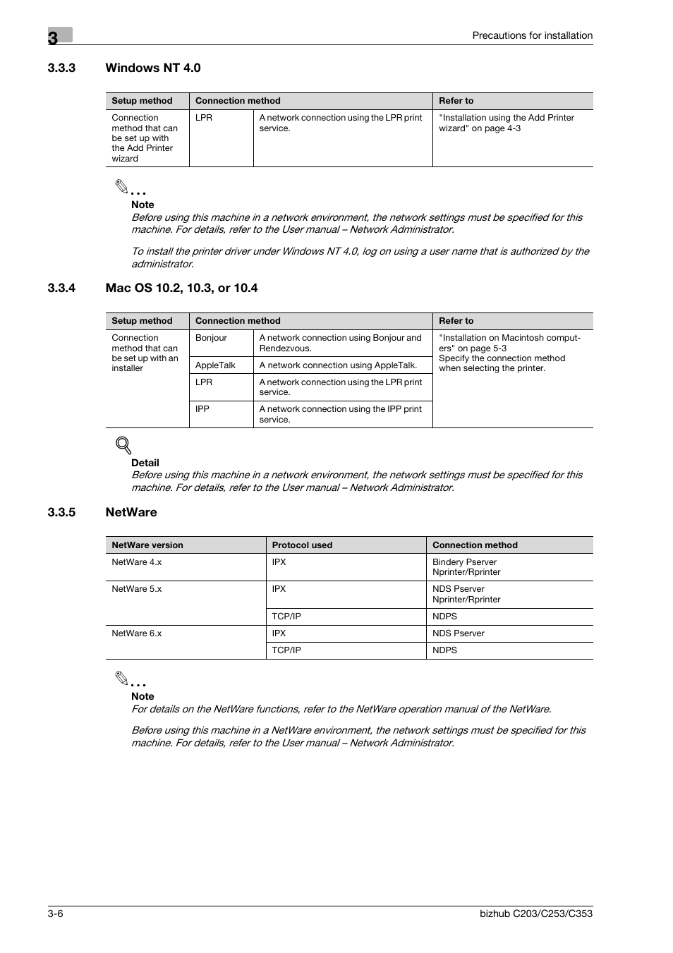 3 windows nt 4.0, 4 mac os 10.2, 10.3, or 10.4, 5 netware | Windows nt 4.0 -6, Mac os 10.2, 10.3, or 10.4 -6, Netware -6 | Konica Minolta BIZHUB C203 User Manual | Page 32 / 278