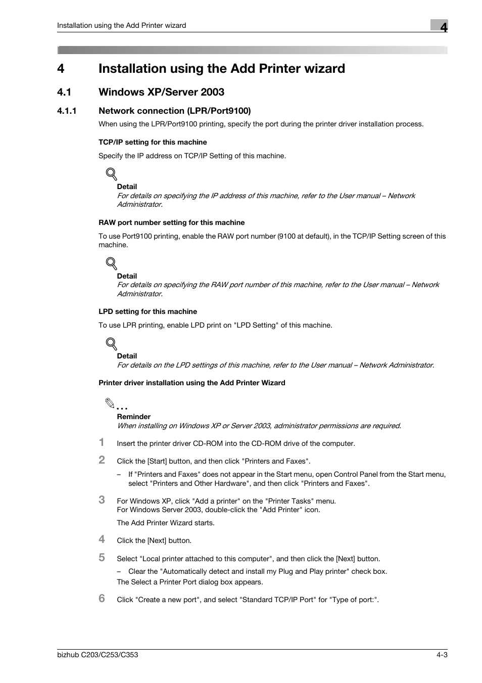 4 installation using the add printer wizard, 1 windows xp/server 2003, 1 network connection (lpr/port9100) | Tcp/ip setting for this machine, Raw port number setting for this machine, Lpd setting for this machine, Installation using the add printer wizard, Windows xp/server 2003 -3, 4installation using the add printer wizard | Konica Minolta BIZHUB C203 User Manual | Page 35 / 278