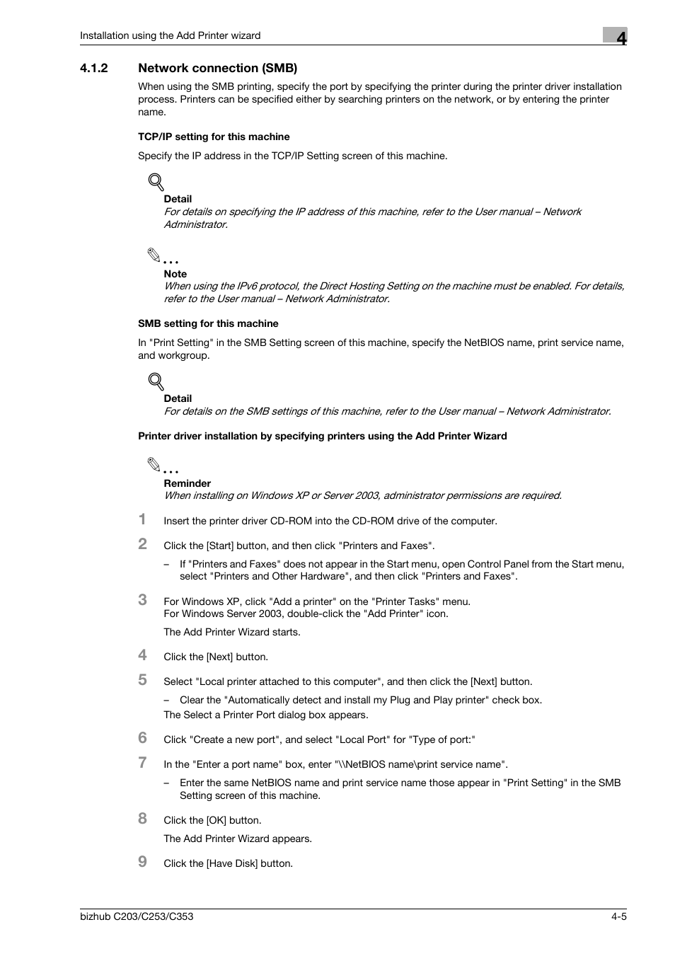 2 network connection (smb), Tcp/ip setting for this machine, Smb setting for this machine | Konica Minolta BIZHUB C203 User Manual | Page 37 / 278