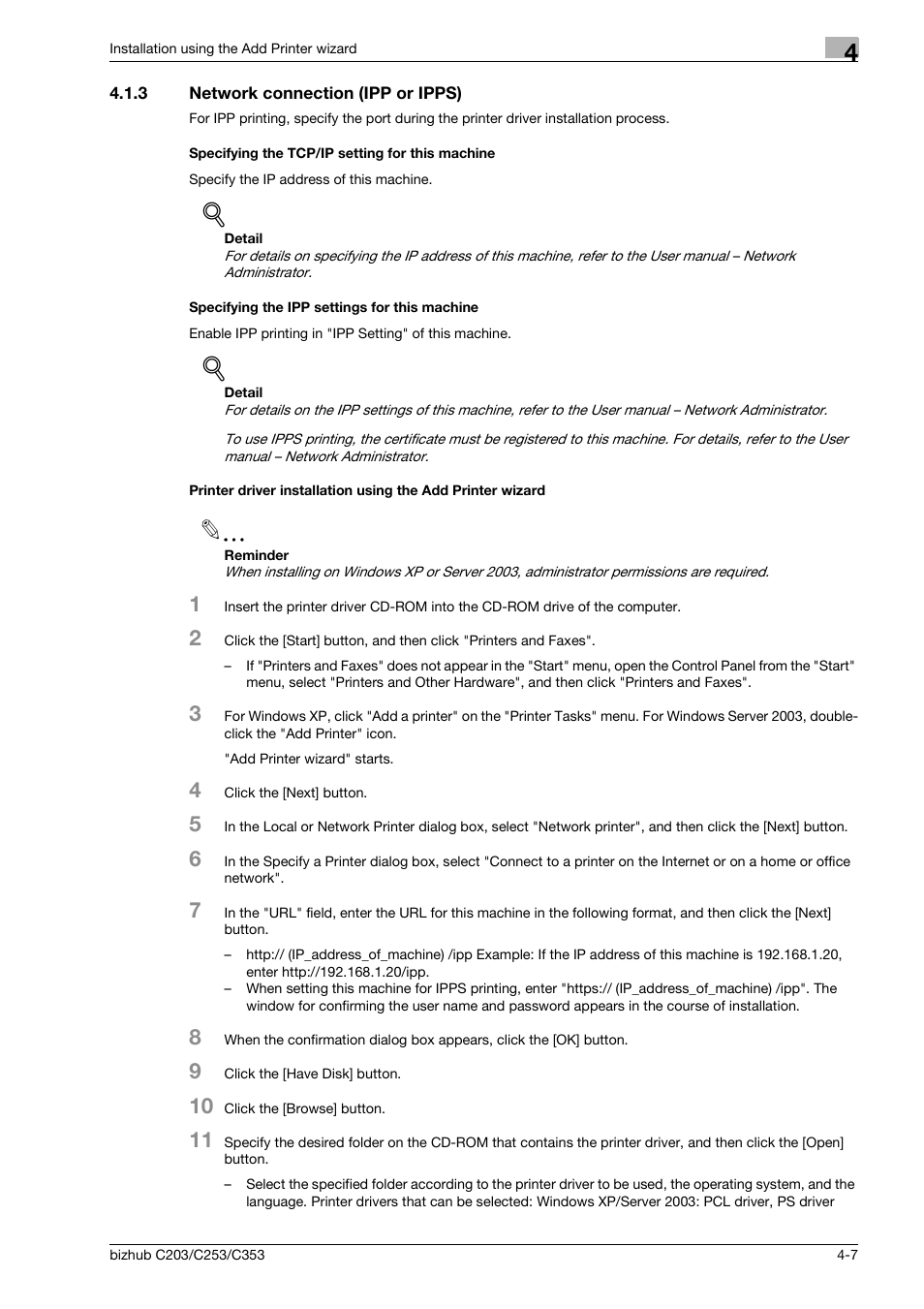 3 network connection (ipp or ipps), Specifying the tcp/ip setting for this machine, Specifying the ipp settings for this machine | Konica Minolta BIZHUB C203 User Manual | Page 39 / 278