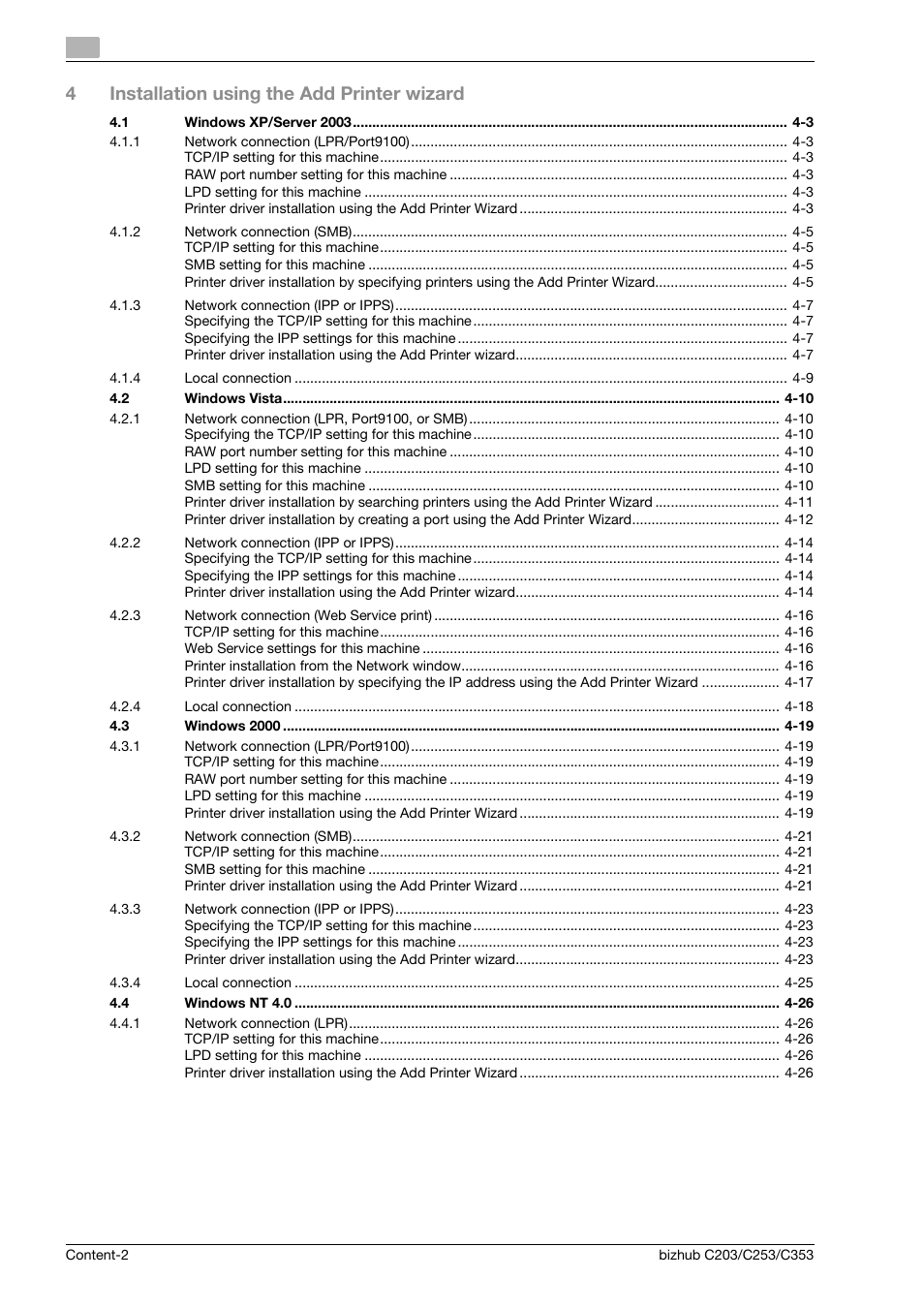4installation using the add printer wizard | Konica Minolta BIZHUB C203 User Manual | Page 4 / 278