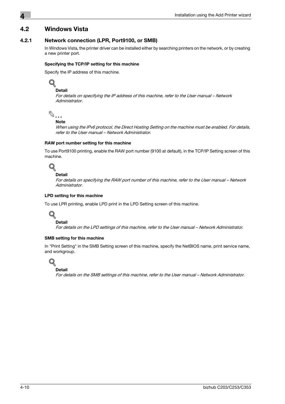 2 windows vista, 1 network connection (lpr, port9100, or smb), Specifying the tcp/ip setting for this machine | Raw port number setting for this machine, Lpd setting for this machine, Smb setting for this machine, Windows vista -10 | Konica Minolta BIZHUB C203 User Manual | Page 42 / 278