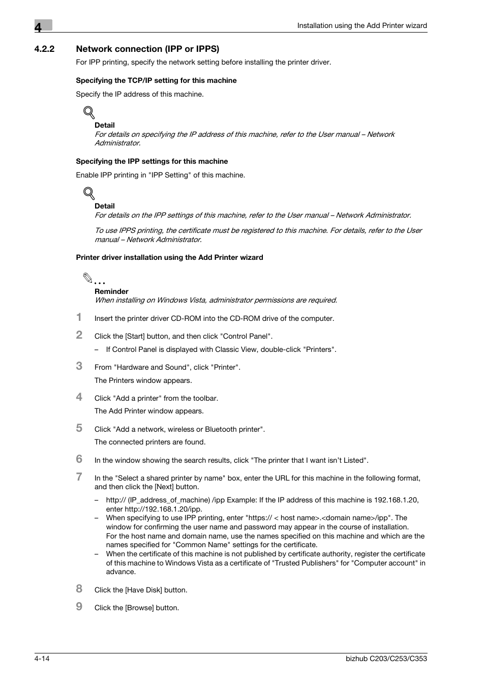 2 network connection (ipp or ipps), Specifying the tcp/ip setting for this machine, Specifying the ipp settings for this machine | Konica Minolta BIZHUB C203 User Manual | Page 46 / 278