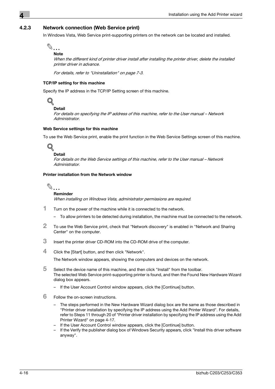 3 network connection (web service print), Tcp/ip setting for this machine, Web service settings for this machine | Printer installation from the network window | Konica Minolta BIZHUB C203 User Manual | Page 48 / 278