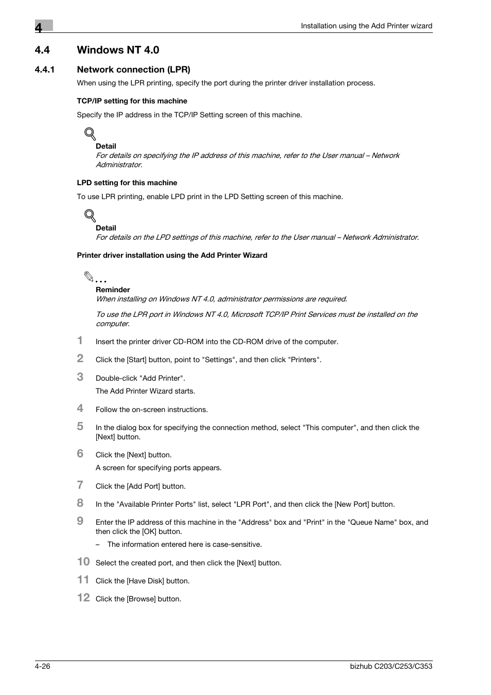 4 windows nt 4.0, 1 network connection (lpr), Tcp/ip setting for this machine | Lpd setting for this machine, Windows nt 4.0 -26 | Konica Minolta BIZHUB C203 User Manual | Page 58 / 278