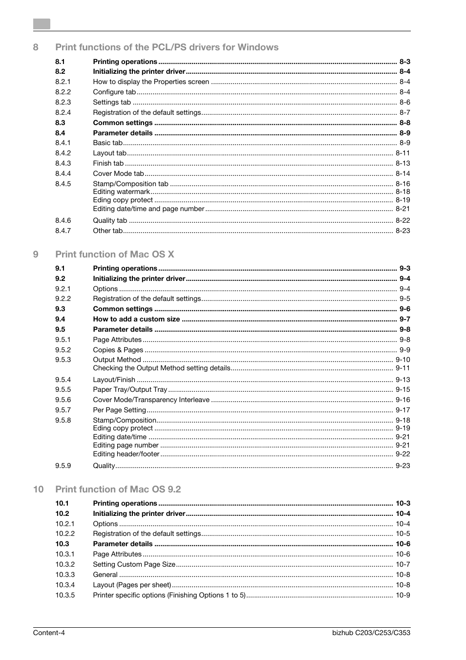 8print functions of the pcl/ps drivers for windows, 9print function of mac os x, 10 print function of mac os 9.2 | Konica Minolta BIZHUB C203 User Manual | Page 6 / 278