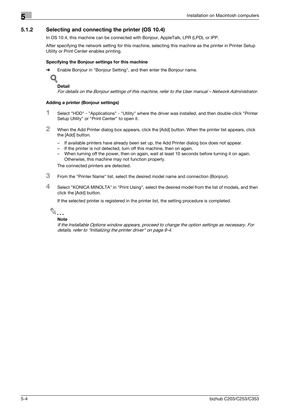 2 selecting and connecting the printer (os 10.4), Specifying the bonjour settings for this machine, Adding a printer (bonjour settings) | Konica Minolta BIZHUB C203 User Manual | Page 64 / 278