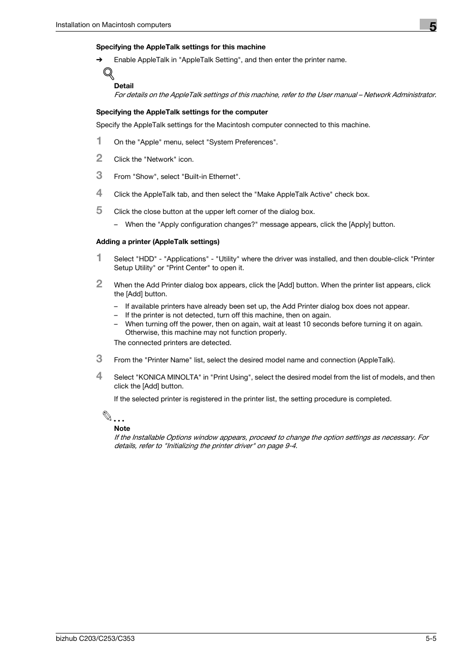 Specifying the appletalk settings for this machine, Specifying the appletalk settings for the computer, Adding a printer (appletalk settings) | Konica Minolta BIZHUB C203 User Manual | Page 65 / 278