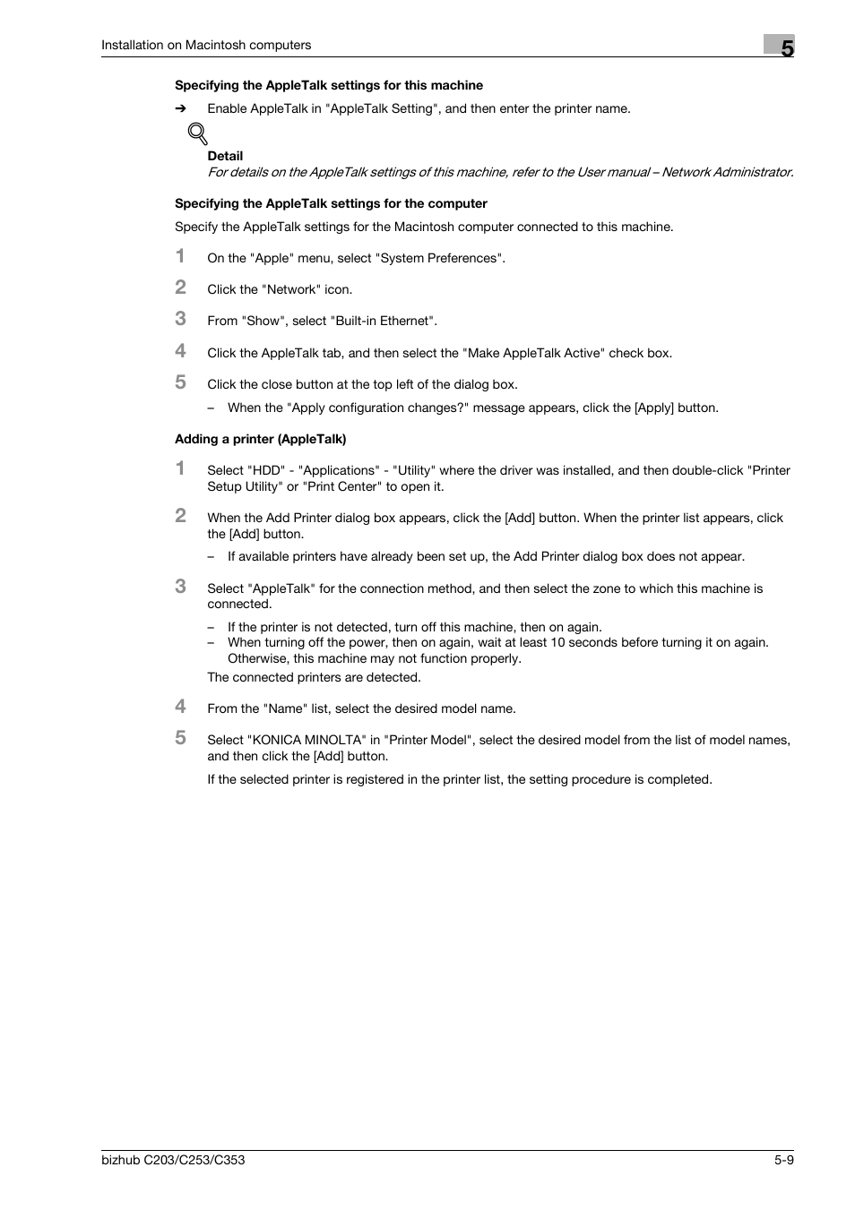 Specifying the appletalk settings for this machine, Specifying the appletalk settings for the computer, Adding a printer (appletalk) | Konica Minolta BIZHUB C203 User Manual | Page 69 / 278