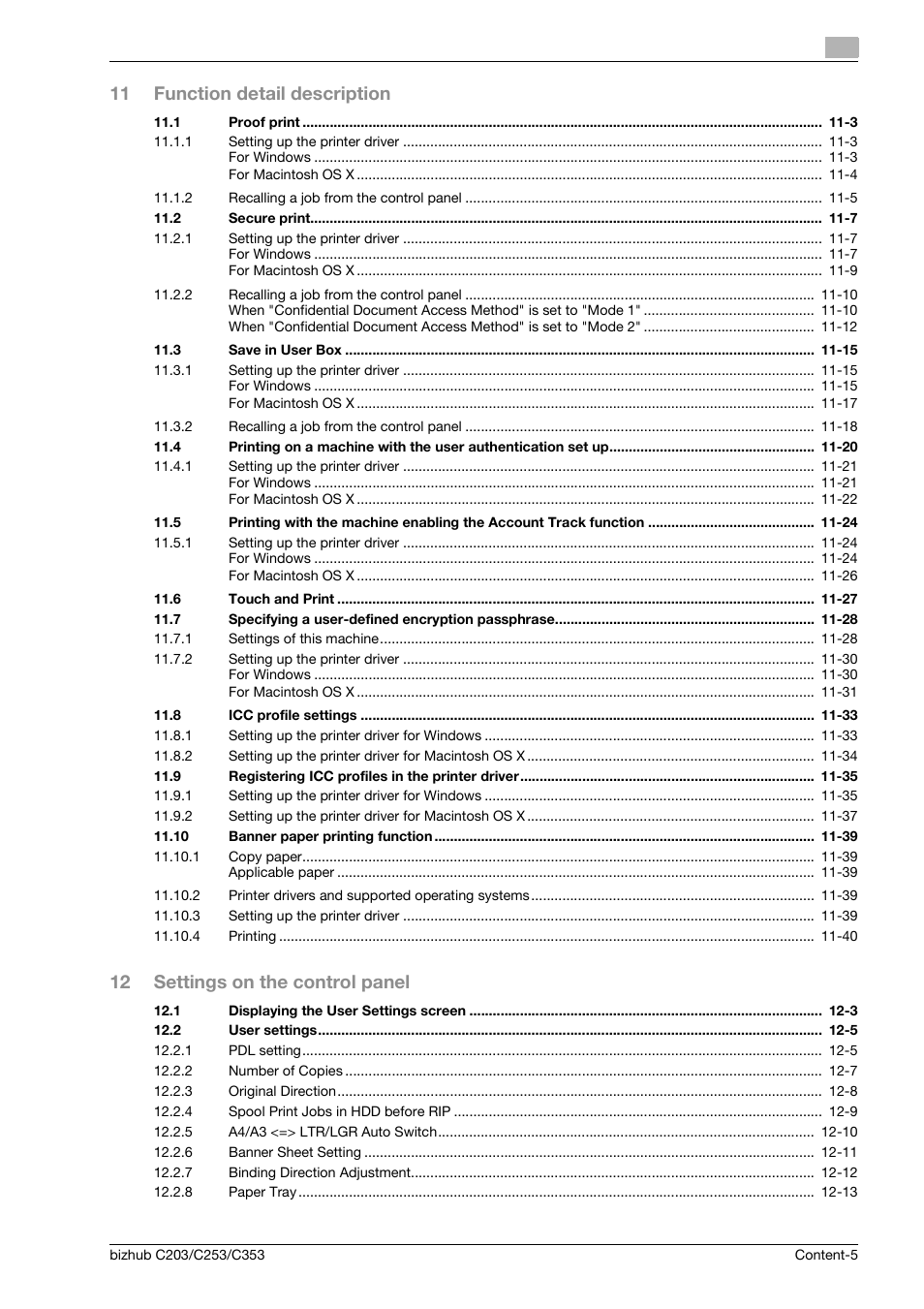11 function detail description, 12 settings on the control panel | Konica Minolta BIZHUB C203 User Manual | Page 7 / 278
