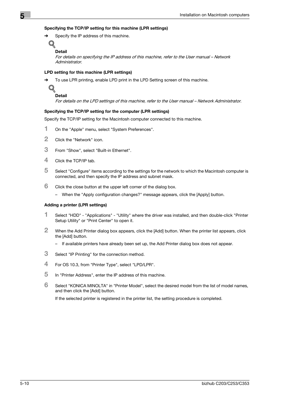 Lpd setting for this machine (lpr settings), Adding a printer (lpr settings) | Konica Minolta BIZHUB C203 User Manual | Page 70 / 278