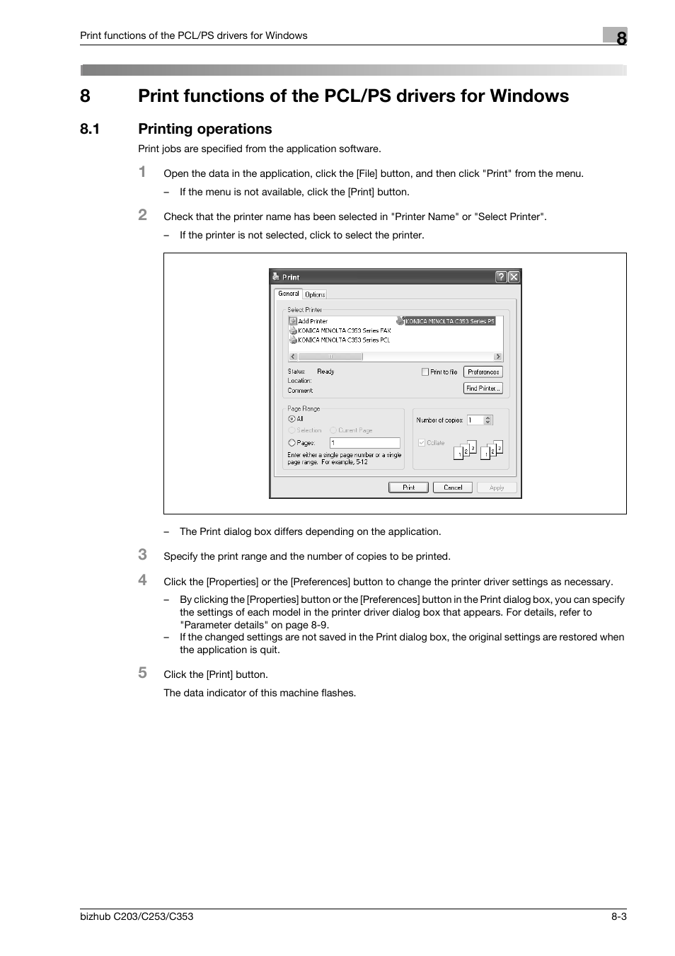 1 printing operations, Print functions of the pcl/ps drivers for windows, Printing operations -3 | 8print functions of the pcl/ps drivers for windows | Konica Minolta BIZHUB C203 User Manual | Page 85 / 278