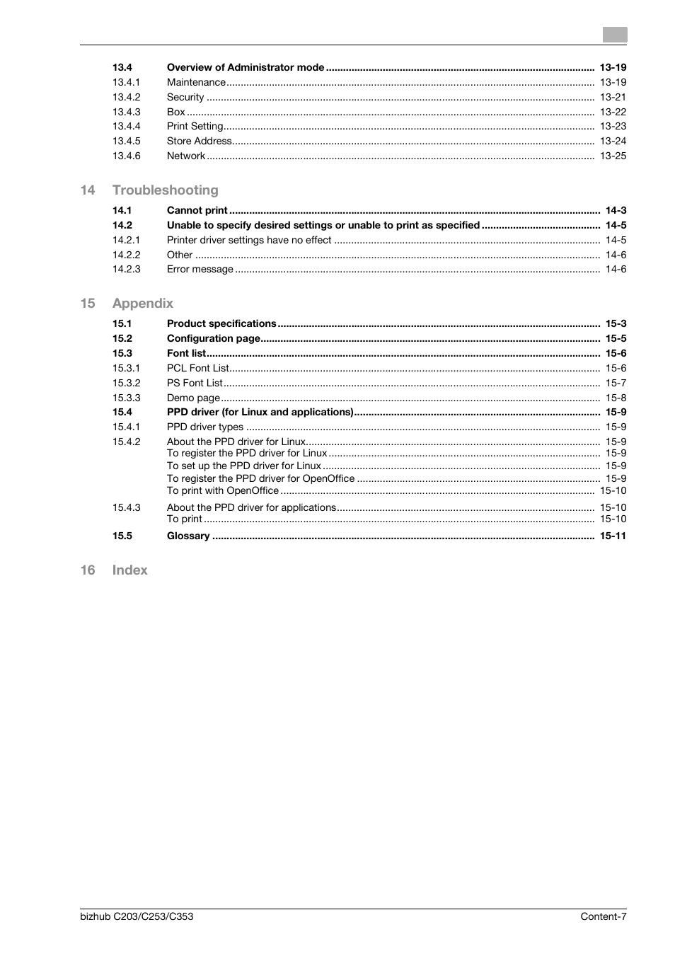 14 troubleshooting, 15 appendix, 16 index | Konica Minolta BIZHUB C203 User Manual | Page 9 / 278