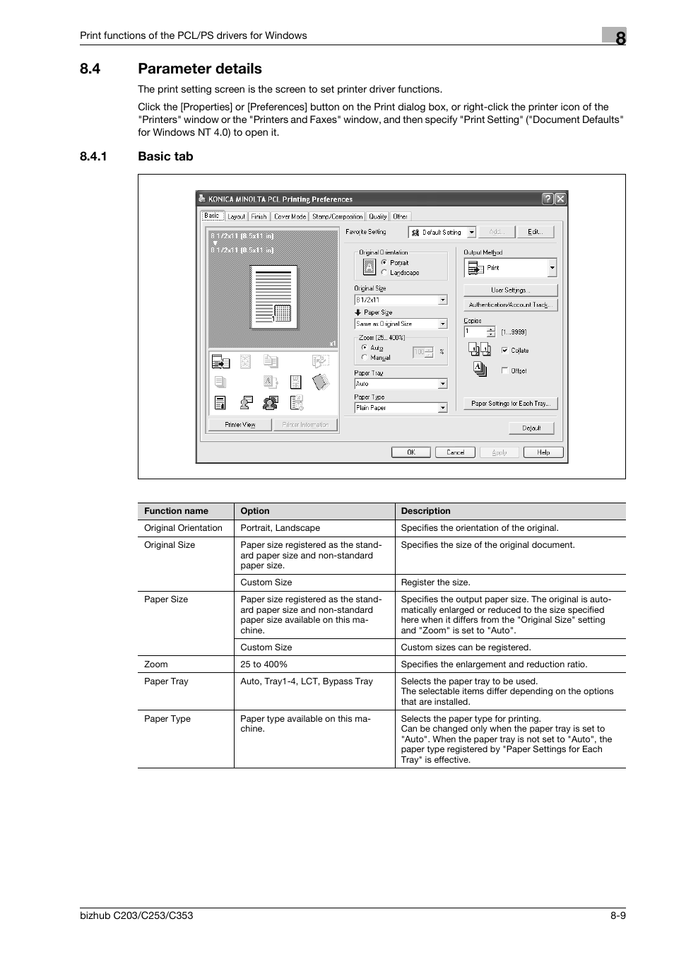 4 parameter details, 1 basic tab, Parameter details -9 | Basic tab -9 | Konica Minolta BIZHUB C203 User Manual | Page 91 / 278