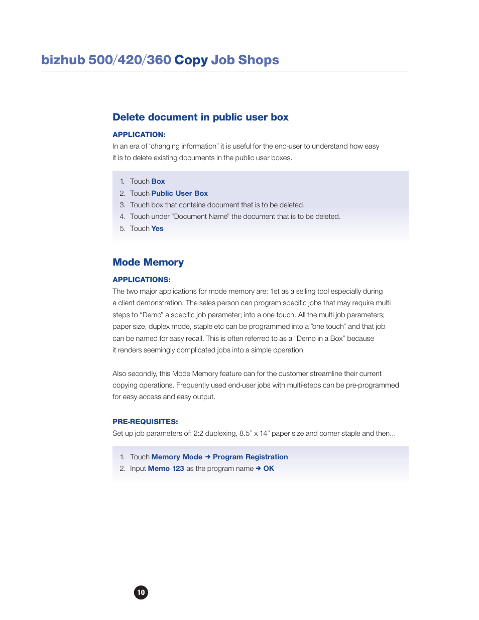 Delete document in public user box, Mode memory | Konica Minolta bizhub 360 User Manual | Page 12 / 16