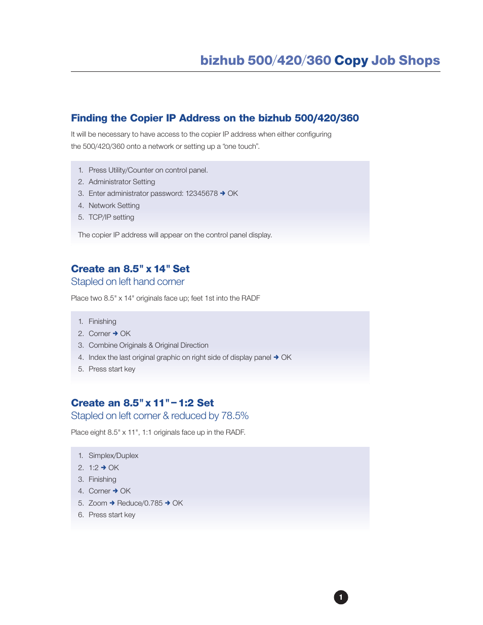 Create an 8.5" x 14" set, Create an 8.5"x 11"–1:2 set | Konica Minolta bizhub 360 User Manual | Page 3 / 16