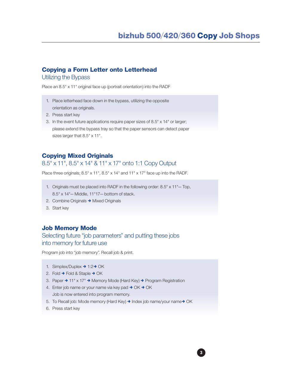 Copying a form letter onto letterhead, Copying mixed originals, Job memory mode | Konica Minolta bizhub 360 User Manual | Page 5 / 16