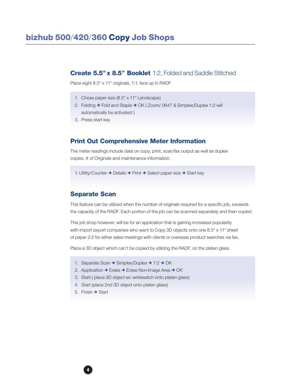 Create 5.5"x 8.5" booklet, Print out comprehensive meter information, Separate scan | Konica Minolta bizhub 360 User Manual | Page 6 / 16