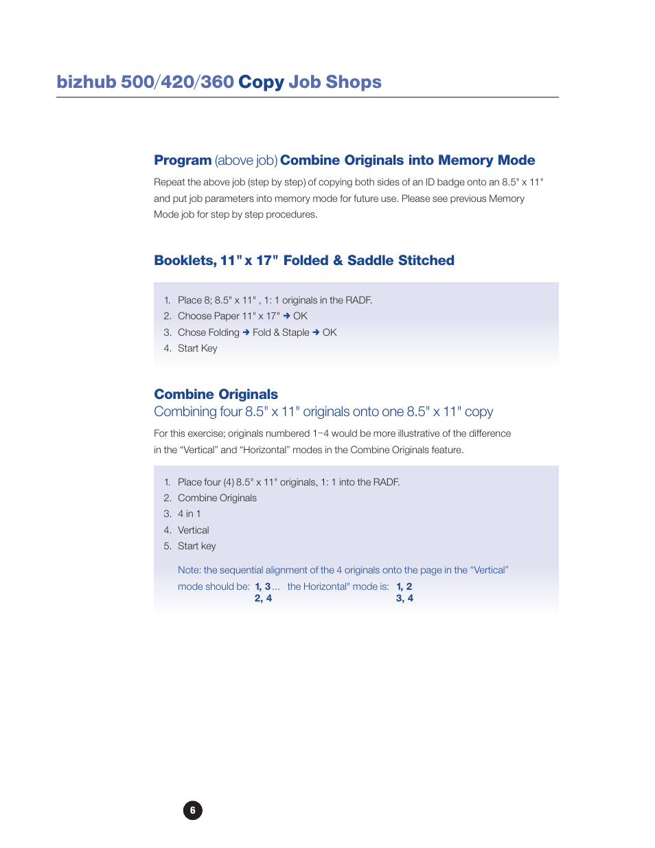 Program combine originals into memory mode, Booklets, 11"x 17" folded & saddle stitched, Combine originals | Booklets, 11" x 17" folded & saddle stitched | Konica Minolta bizhub 360 User Manual | Page 8 / 16