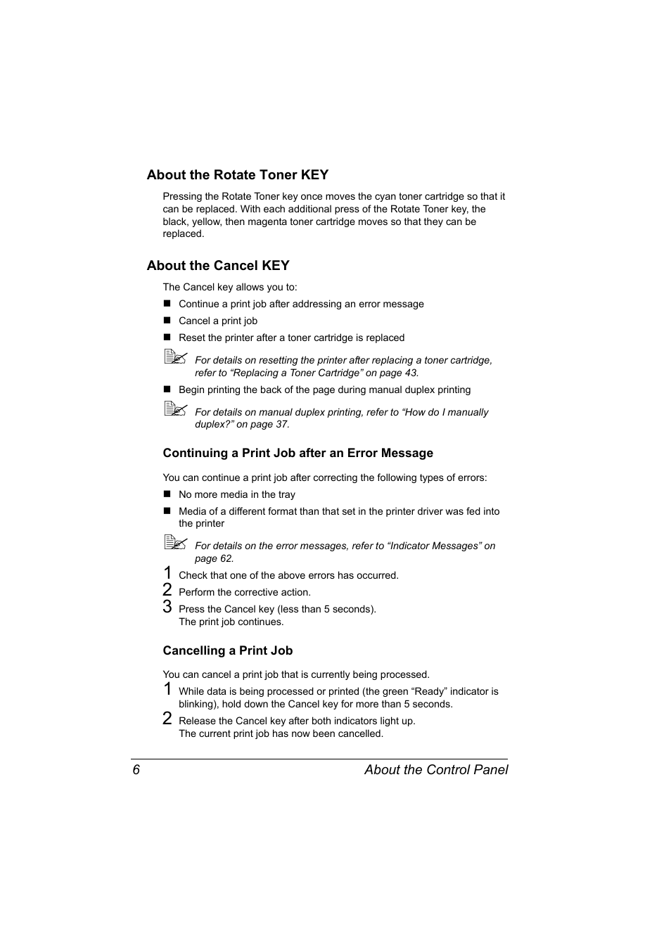About the rotate toner key, About the cancel key, Continuing a print job after an error message | Cancelling a print job | Konica Minolta 4139-7733-01A User Manual | Page 12 / 96