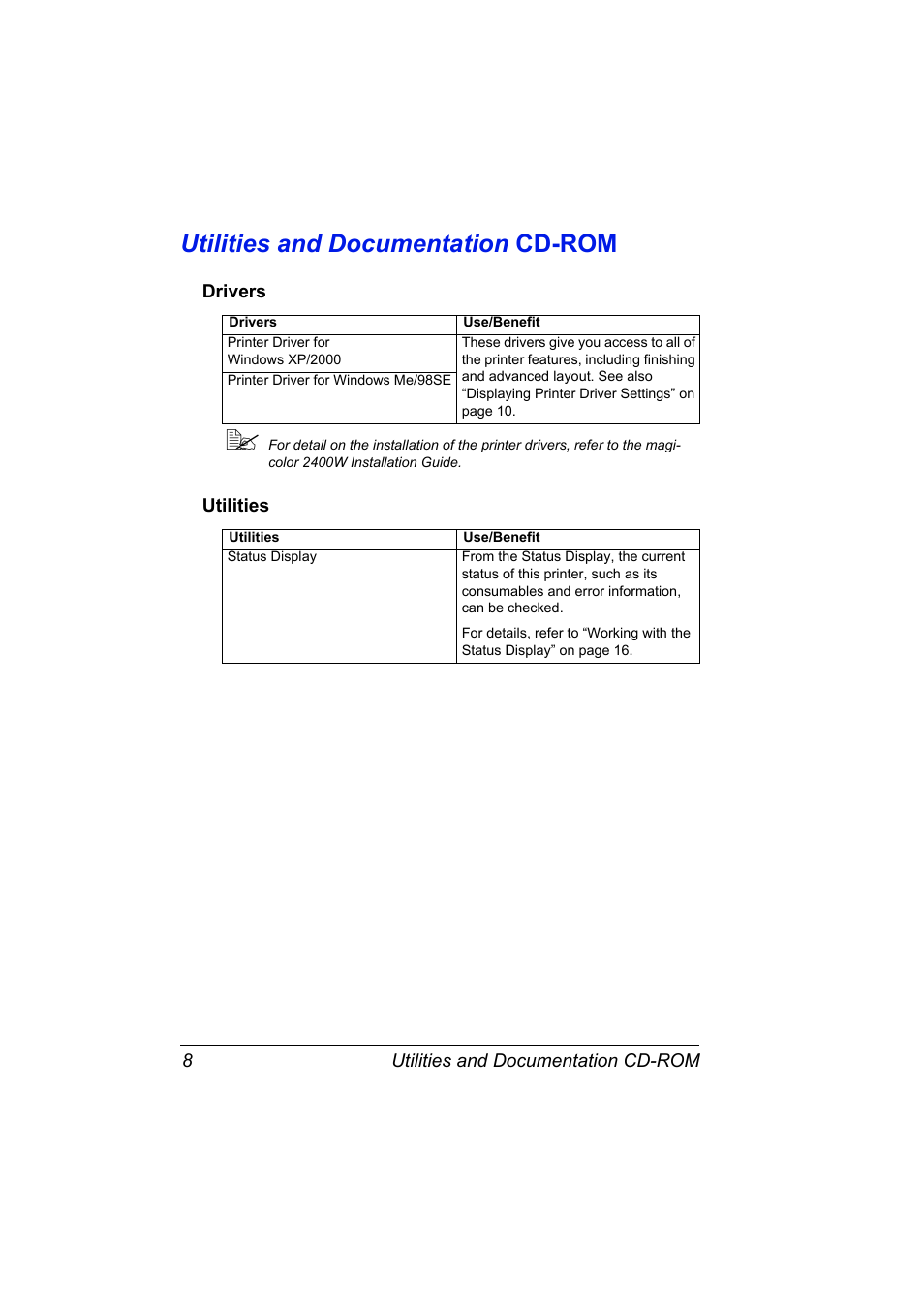 Utilities and documentation cd-rom, Drivers, Utilities | Utilities and documentation cd-rom 8, Drivers 8 utilities 8 | Konica Minolta 4139-7733-01A User Manual | Page 14 / 96