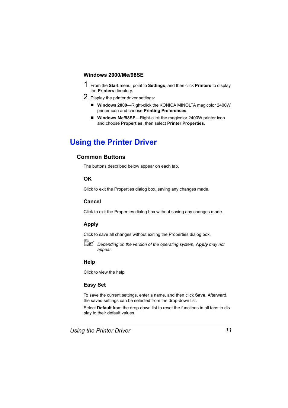 Windows 2000/me/98se, Using the printer driver, Common buttons | Cancel, Apply, Help, Easy set, Windows 2000/me/98se 11, Using the printer driver 11, Common buttons 11 | Konica Minolta 4139-7733-01A User Manual | Page 17 / 96