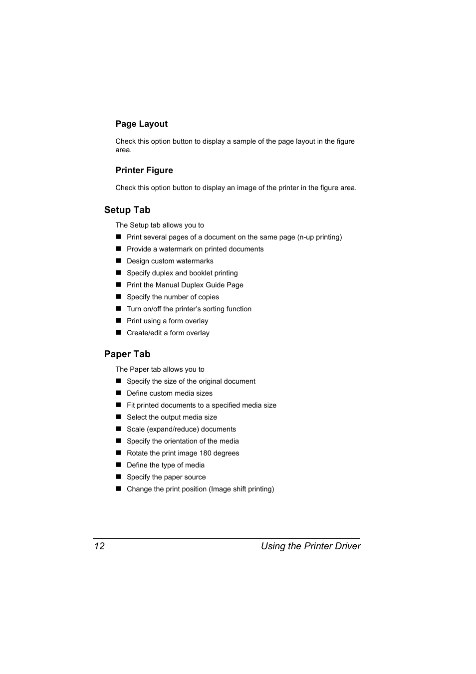 Printer figure, Setup tab, Paper tab | Setup tab 12 paper tab 12, Using the printer driver 12 | Konica Minolta 4139-7733-01A User Manual | Page 18 / 96