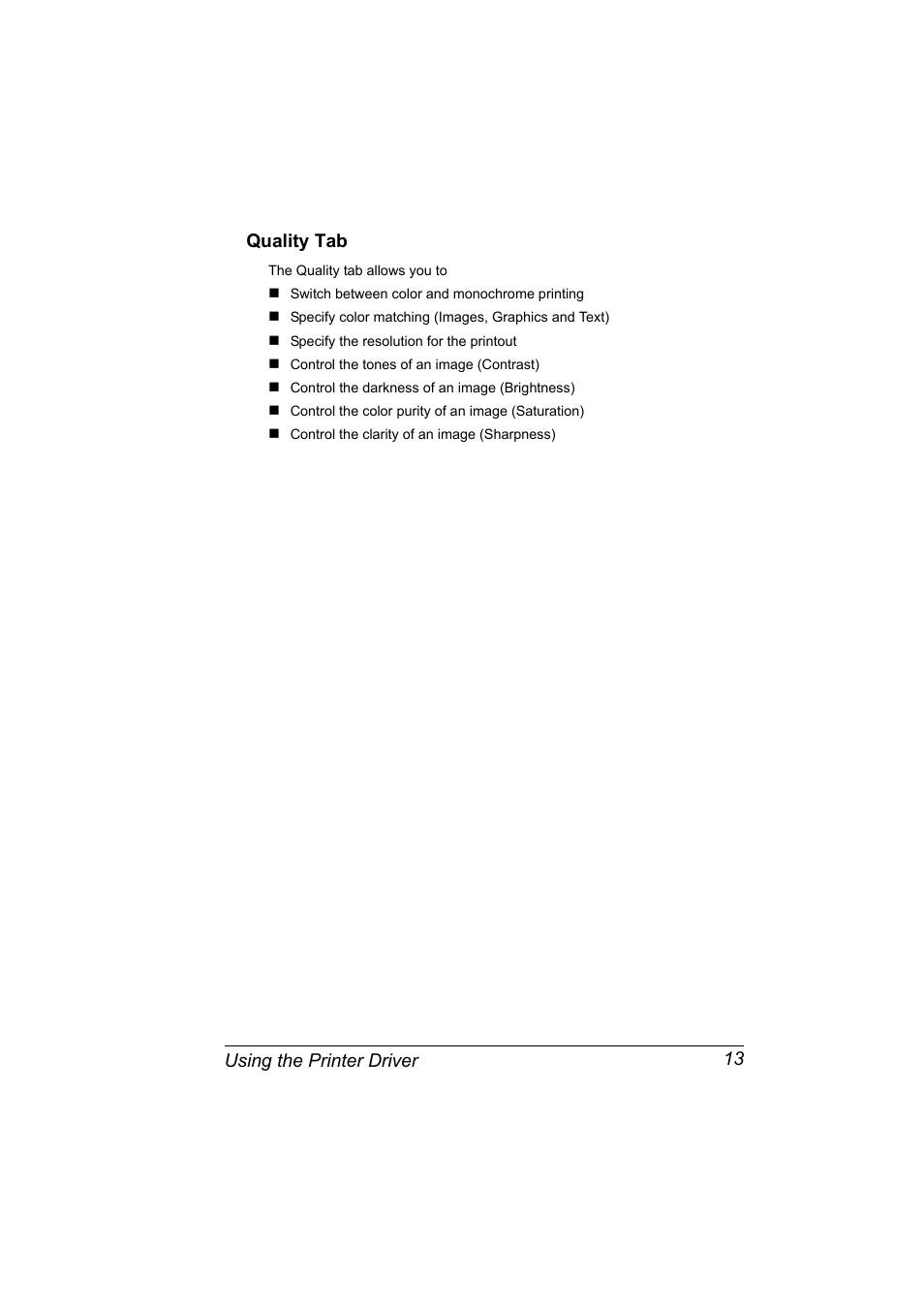 Quality tab, Quality tab 13, Using the printer driver 13 quality tab | Konica Minolta 4139-7733-01A User Manual | Page 19 / 96