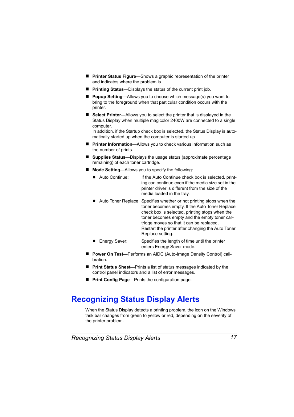 Recognizing status display alerts, Recognizing status display alerts 17 | Konica Minolta 4139-7733-01A User Manual | Page 23 / 96