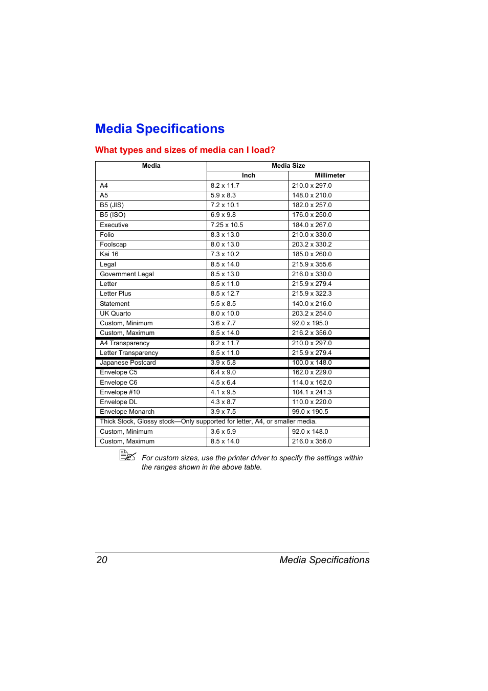 Media specifications, Media specifications 20, What types and sizes of media can i load | Konica Minolta 4139-7733-01A User Manual | Page 26 / 96