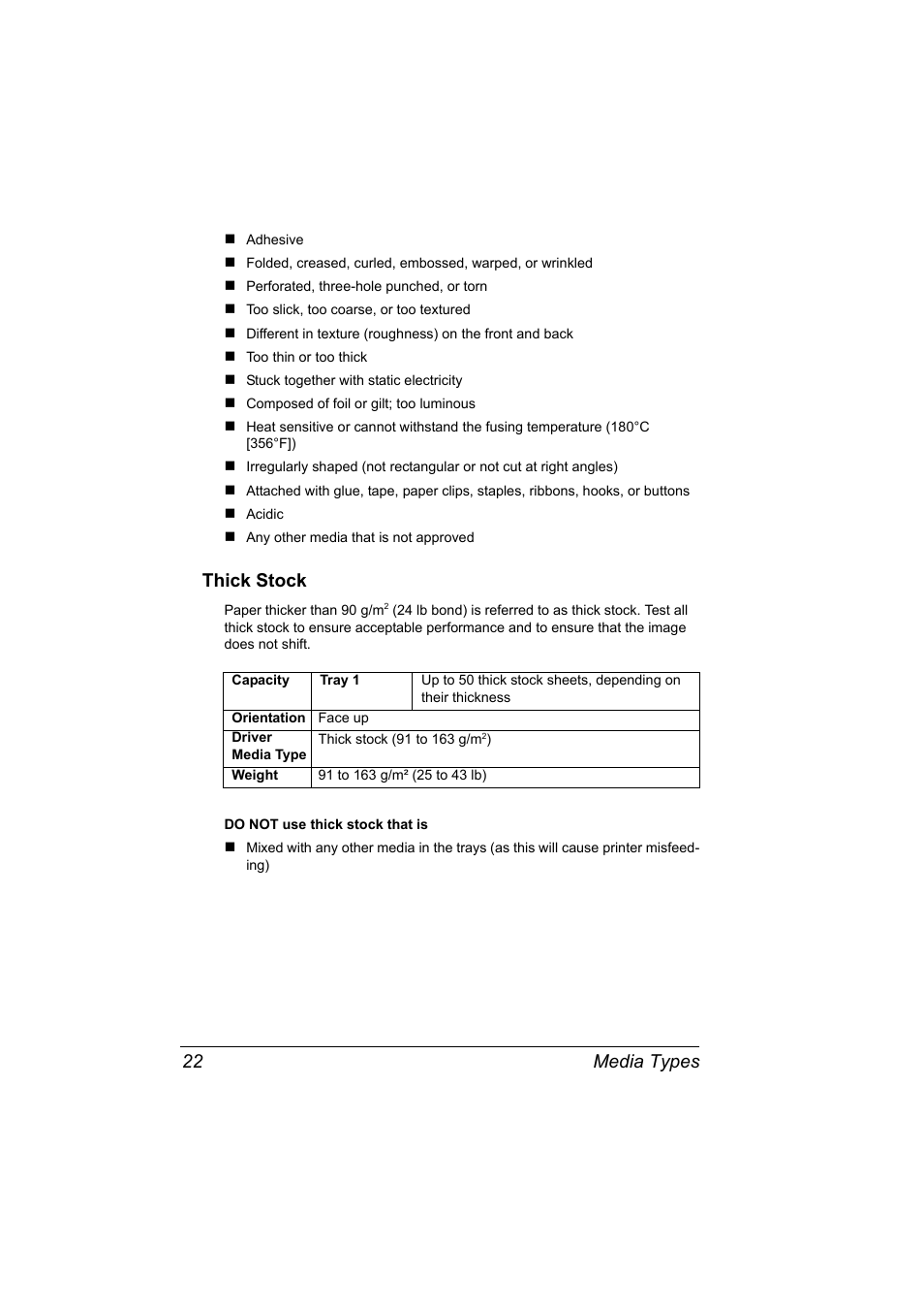 Thick stock, Thick stock 22, Media types 22 | Konica Minolta 4139-7733-01A User Manual | Page 28 / 96