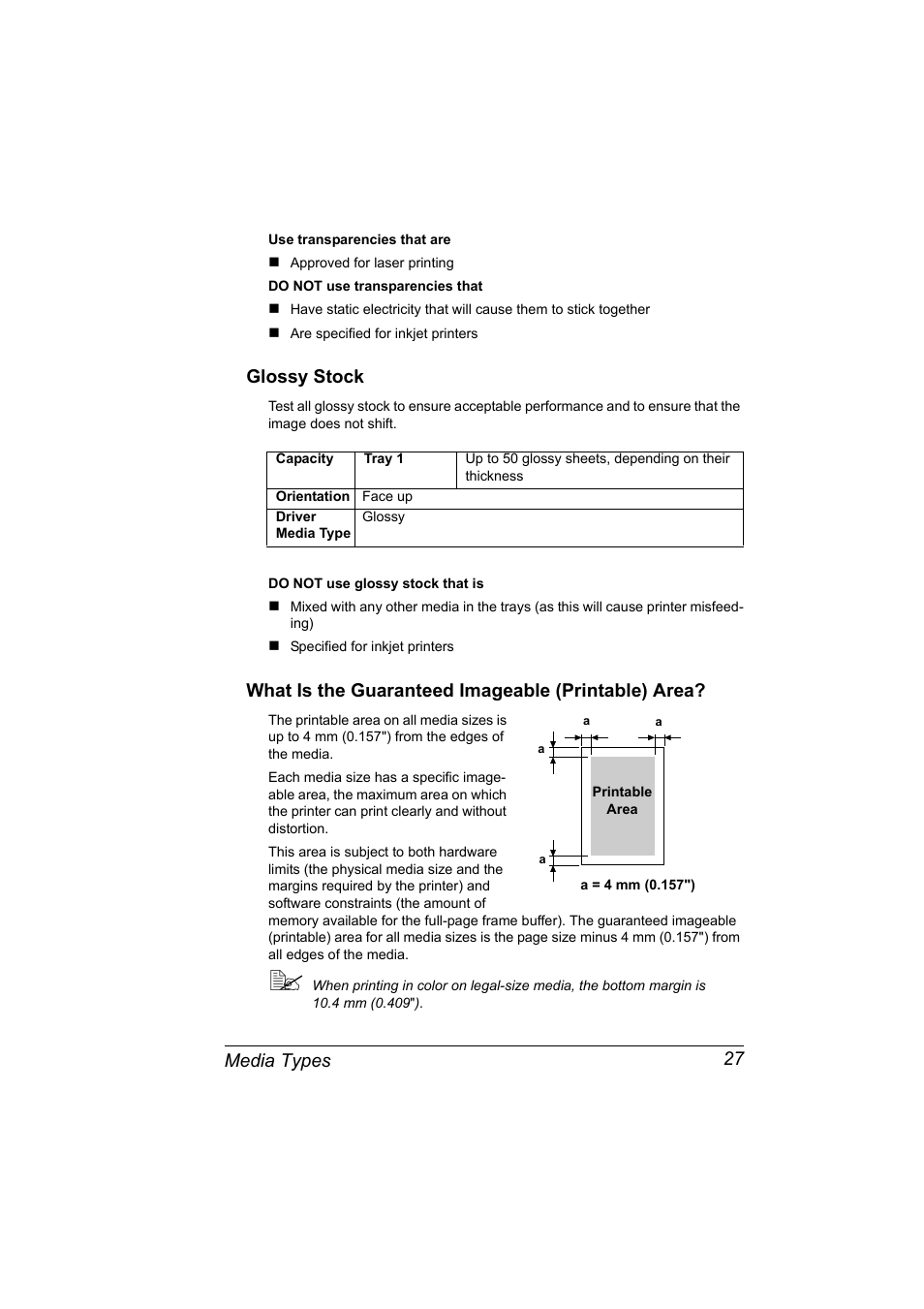 Glossy stock, What is the guaranteed imageable (printable) area, Media types 27 | Konica Minolta 4139-7733-01A User Manual | Page 33 / 96