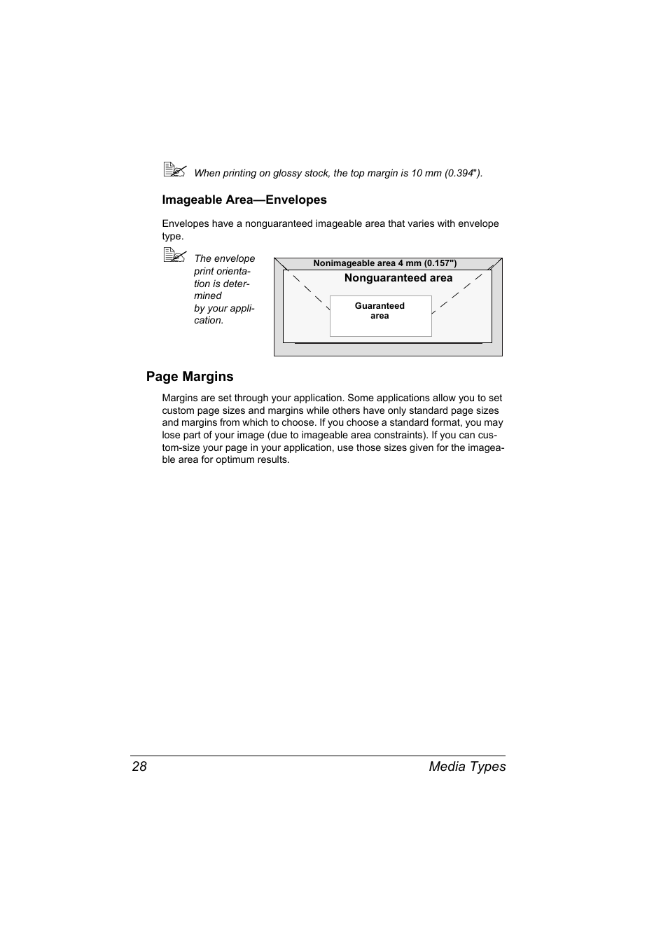 Imageable area-envelopes, Imageable area—envelopes 28 | Konica Minolta 4139-7733-01A User Manual | Page 34 / 96