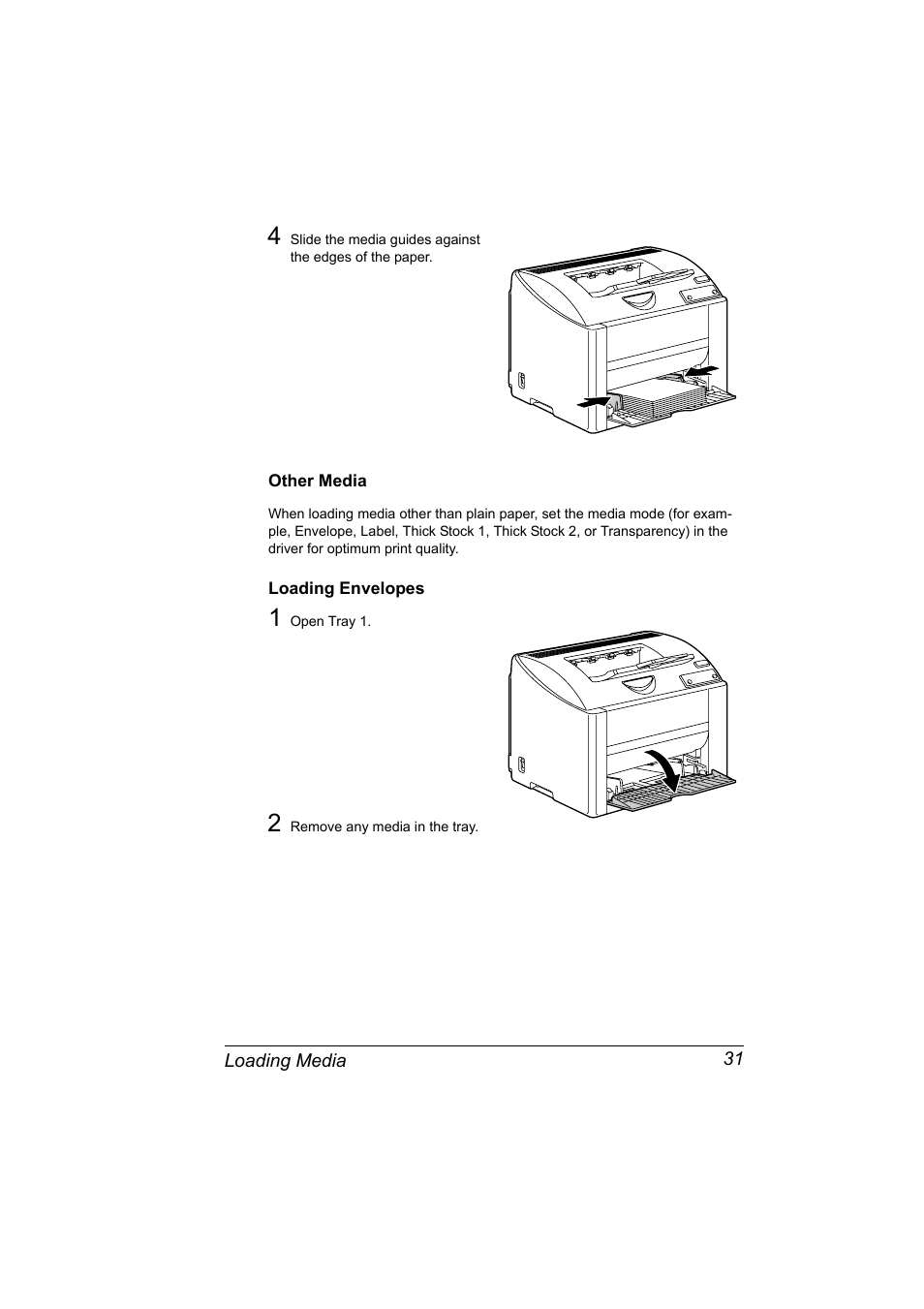 Other media, Loading envelopes, Other media 31 loading envelopes 31 | Konica Minolta 4139-7733-01A User Manual | Page 37 / 96