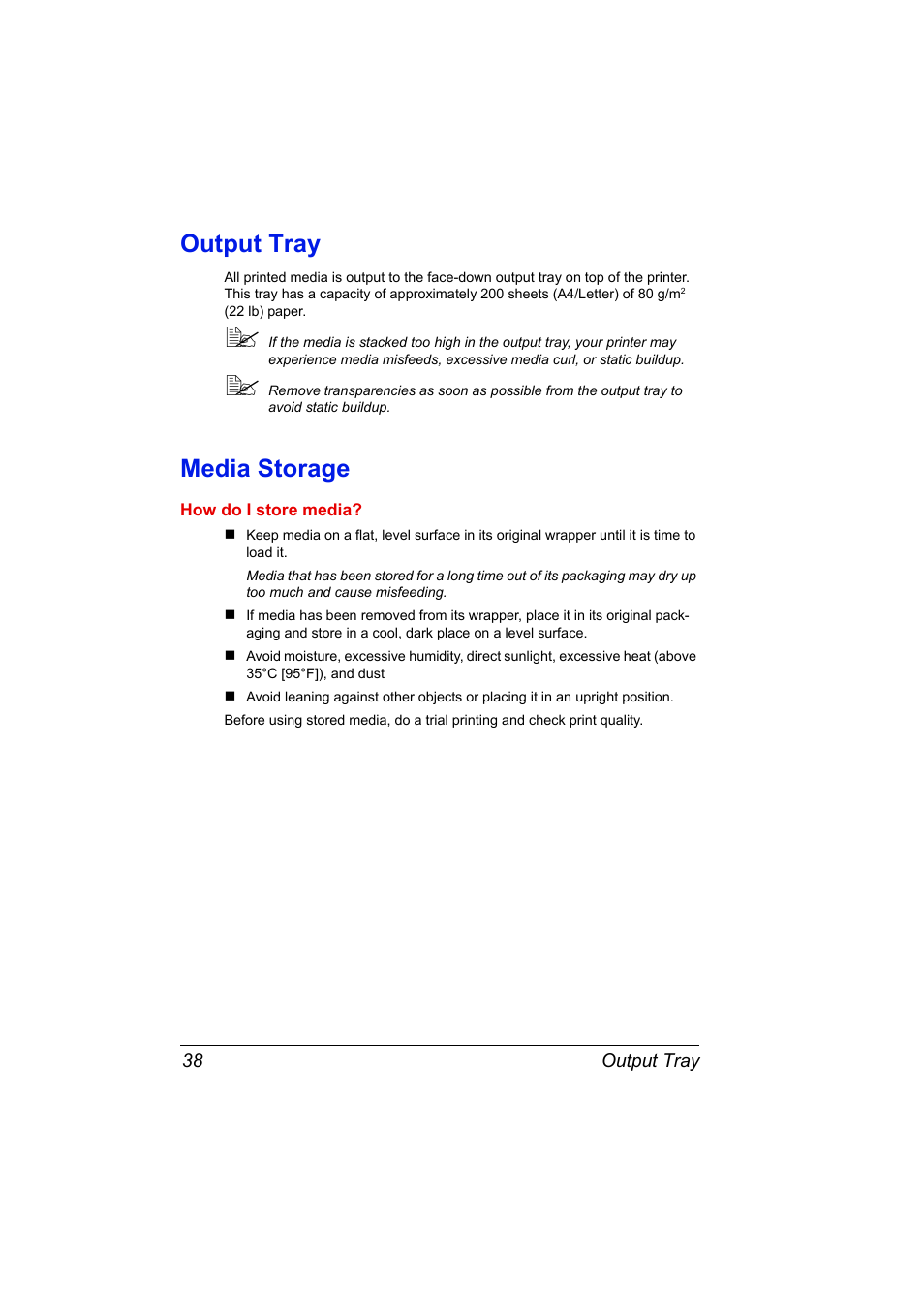 Output tray, Media storage, Output tray 38 media storage 38 | Konica Minolta 4139-7733-01A User Manual | Page 44 / 96