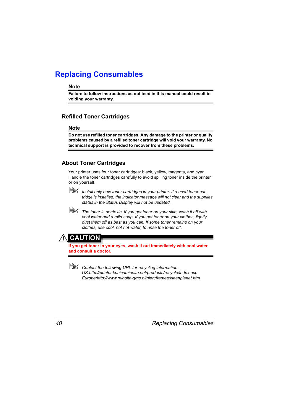 Replacing consumables, Refilled toner cartridges, About toner cartridges | Replacing consumables 40, Caution | Konica Minolta 4139-7733-01A User Manual | Page 46 / 96