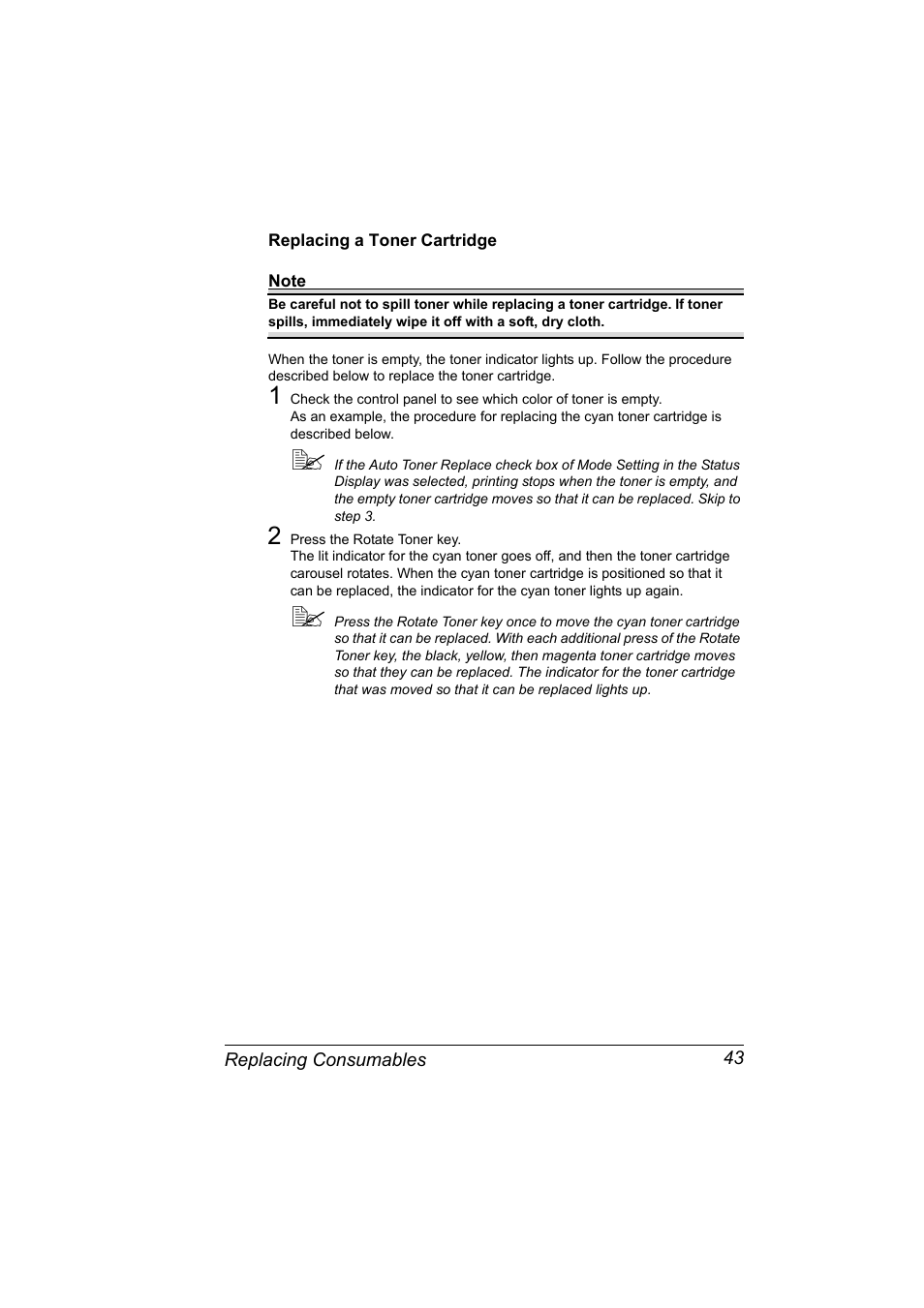 Replacing a toner cartridge, Replacing a toner cartridge 43 | Konica Minolta 4139-7733-01A User Manual | Page 49 / 96