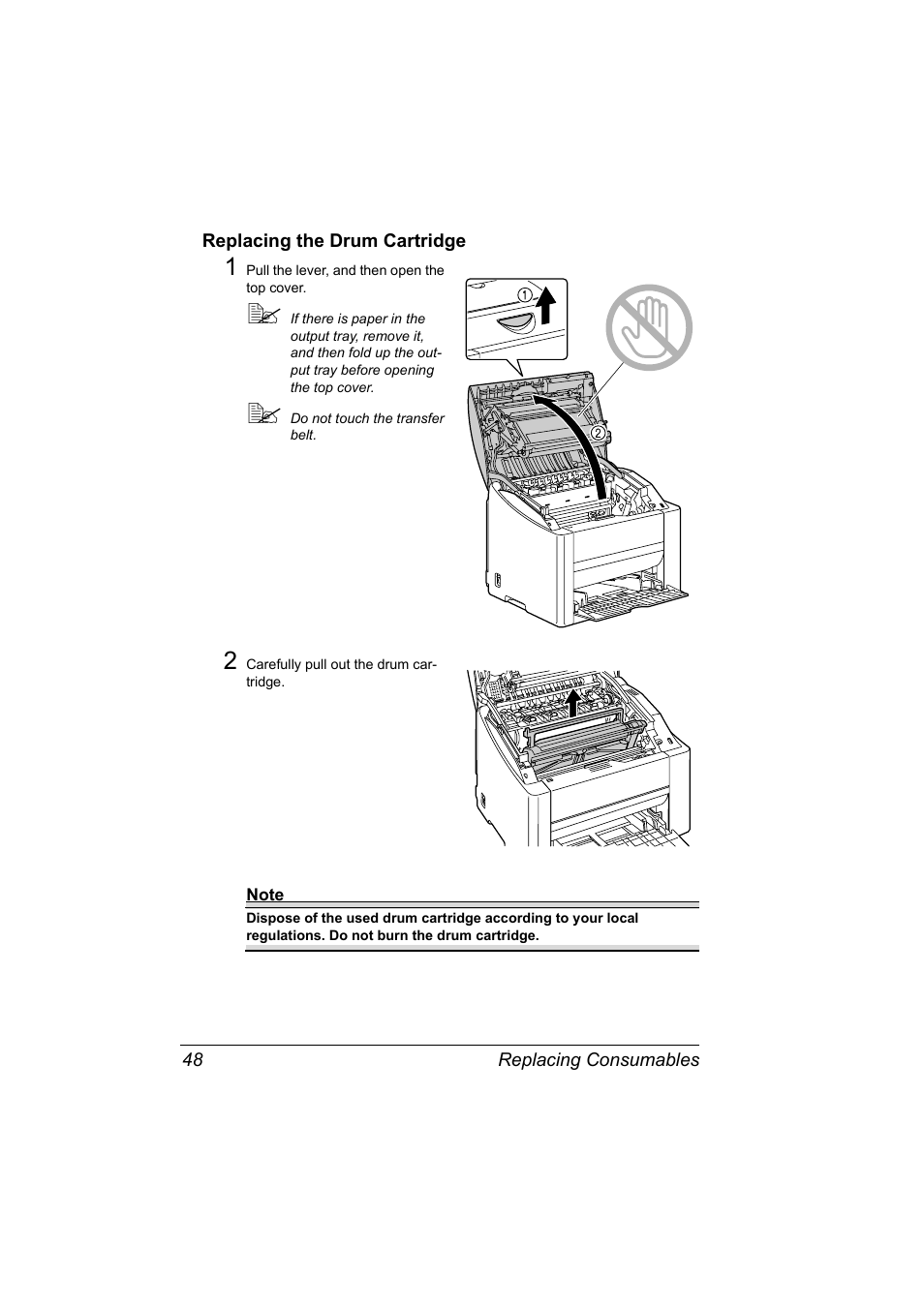 Replacing the drum cartridge, Replacing the drum cartridge 48 | Konica Minolta 4139-7733-01A User Manual | Page 54 / 96