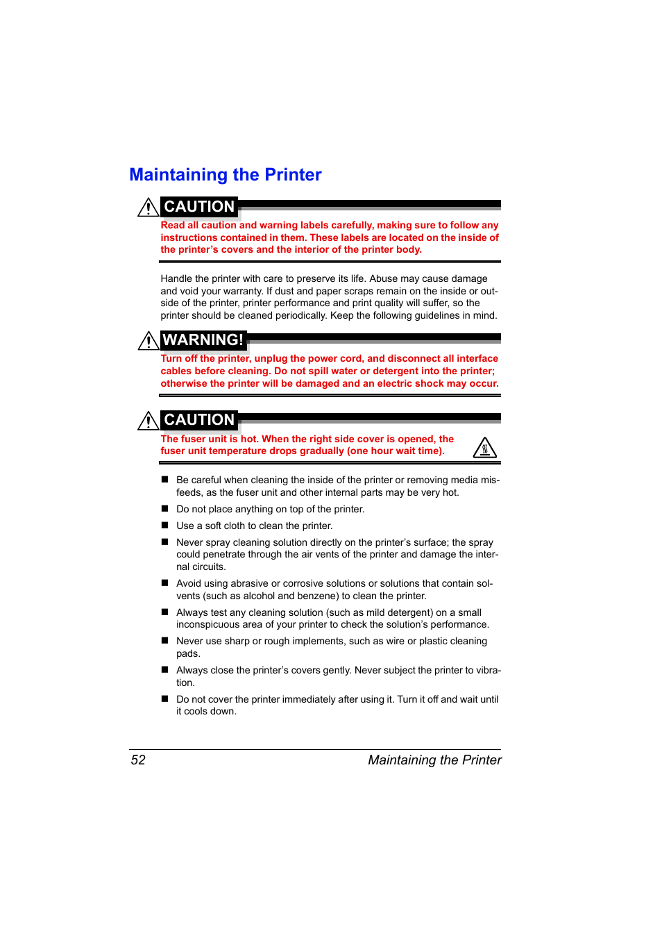 Maintaining the printer, Maintaining the printer 52, Caution | Warning | Konica Minolta 4139-7733-01A User Manual | Page 58 / 96